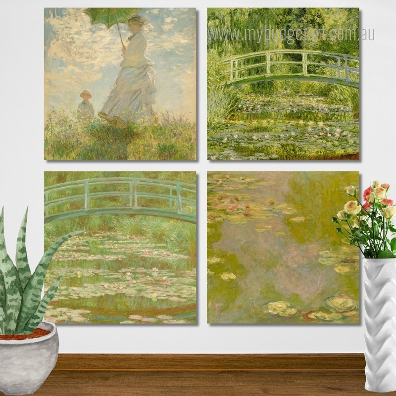 Water Lilies By Claude Monet French Landscape Modern Framed Painting Image 4 Piece Framed Wall Art Prints For Home Décor