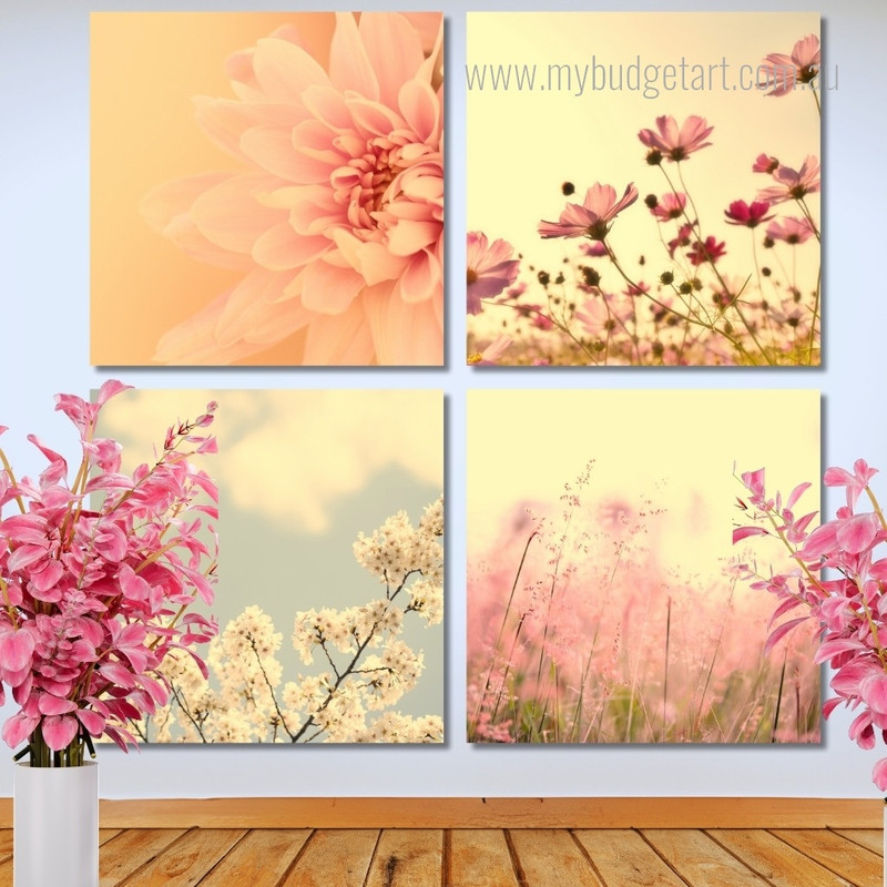 Dahlia Flower On Light Pink Floral Modern Framed Painting Wall Art Image 4 Piece Wall Art Framed Canvas Prints Set For Room Decor
