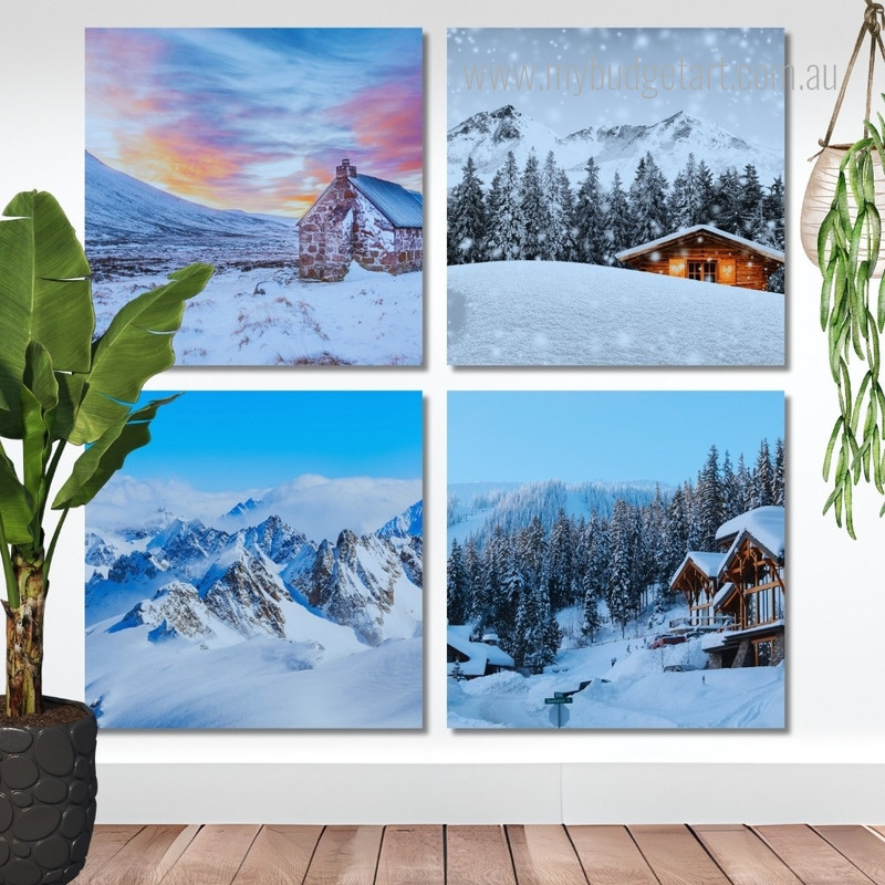 Mountain Ranges Covered In Snow Switzerland Naturescape Modern Framed Painting Pictures 4 Piece Wall Art Framed Canvas Prints Set For Drawing Room