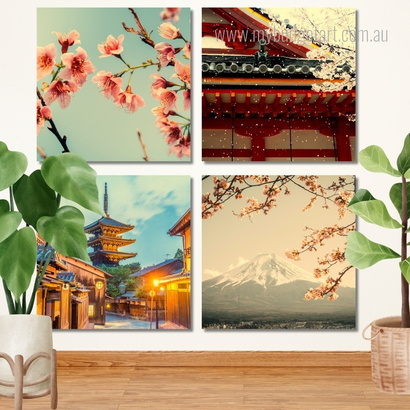 Mount Fuji Japan Landscape Modern Stretched Painting Image 4 Piece Wall Art Framed Canvas Prints Set For Home Decor
