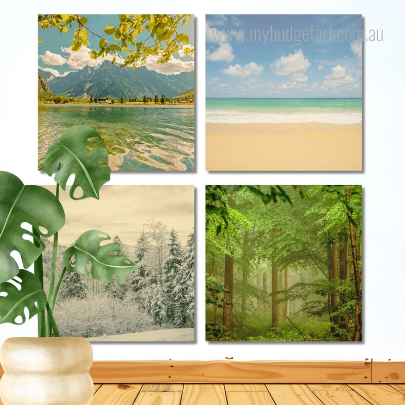 Beautiful Lake Scenery Australia Landscape Modern Stretched Painting Photograph 4 Piece Wall Art Framed Canvas Prints Set For Living Room