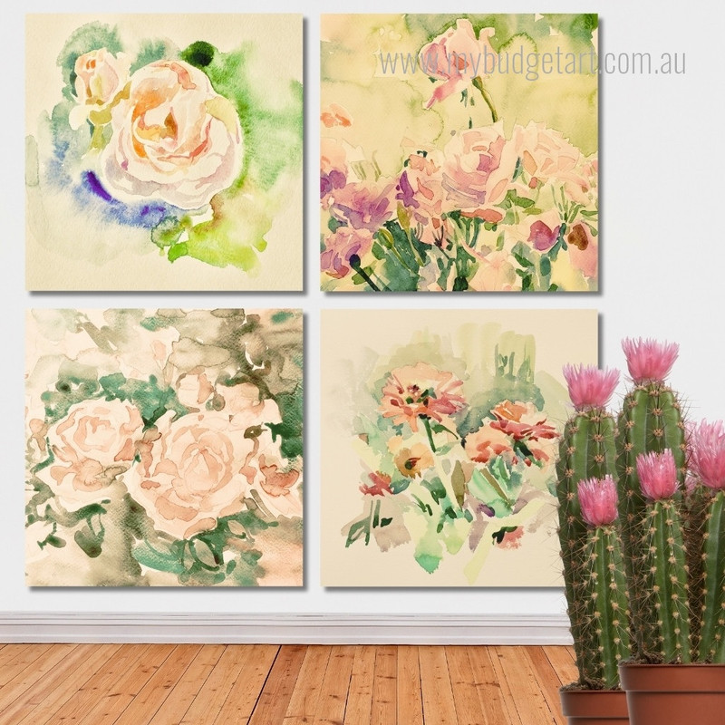 Beautiful Watercolor White Rose Illustration Floral Modern Framed Painting Photograph 4 Piece Wall Art Framed Canvas Prints Set For Home Décor