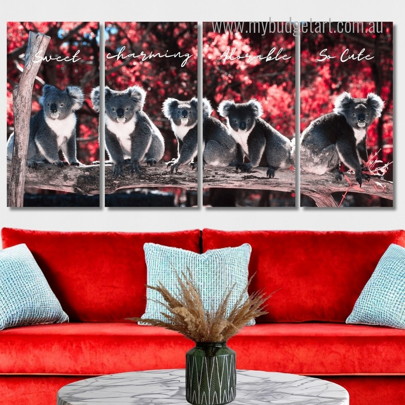 Koalas Perched Australia Animal Modern Framed Painting Pictures 4 Piece Wall Art Framed Canvas Prints Set For Living Room
