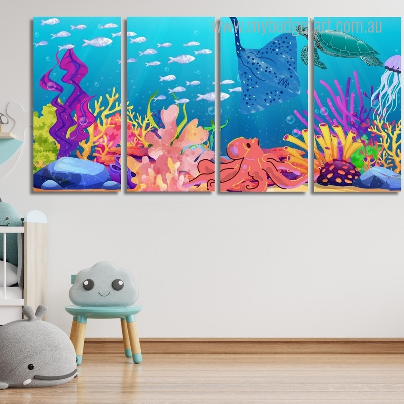 Beautiful Underwater World Sea Bottom Naturescape Modern Stretched Painting Photo 4 Piece Wall Art Framed Canvas Prints Set For Living Room