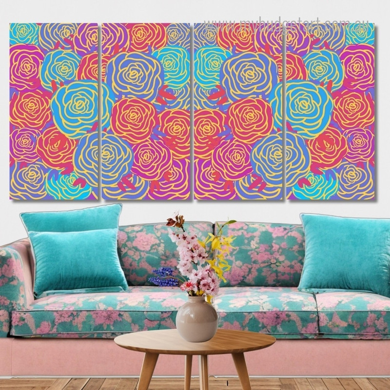 Rose Flowers Seamless Pattern Floral Modern Framed Painting Photograph 4 Piece Wall Art Framed Canvas Prints Set For Office Décor