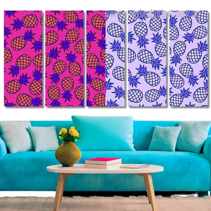 Pineapple Seamless Pattern Fruit Modern Stretched Painting Image 5 Piece Framed Canvas Wall Art Prints Set For Office Décor
