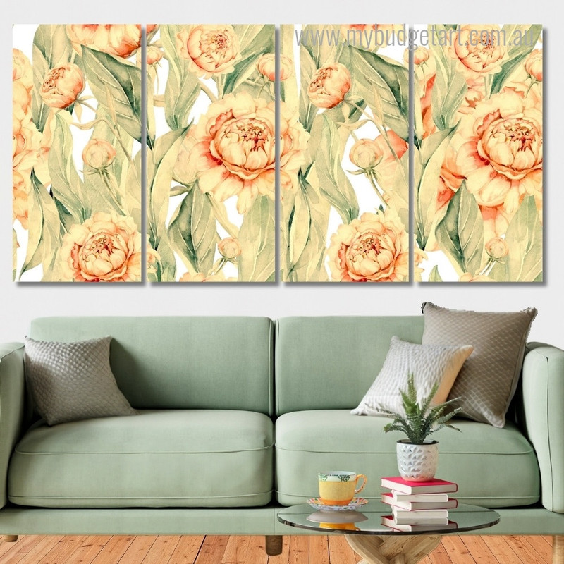 Peony Bloom Watercolor Seamless Pattern Floral Modern Framed Painting Photo 4 Piece Wall Art Framed Canvas Prints Set For Office Décor