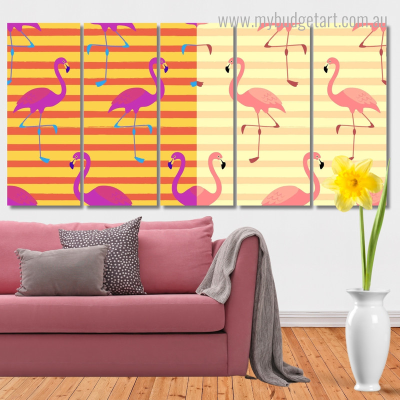 Pink Flamingo Seamless Pattern Animal Modern Stretched Painting Pictures 5 Piece Canvas Wall Art Set Australia For Room Decor