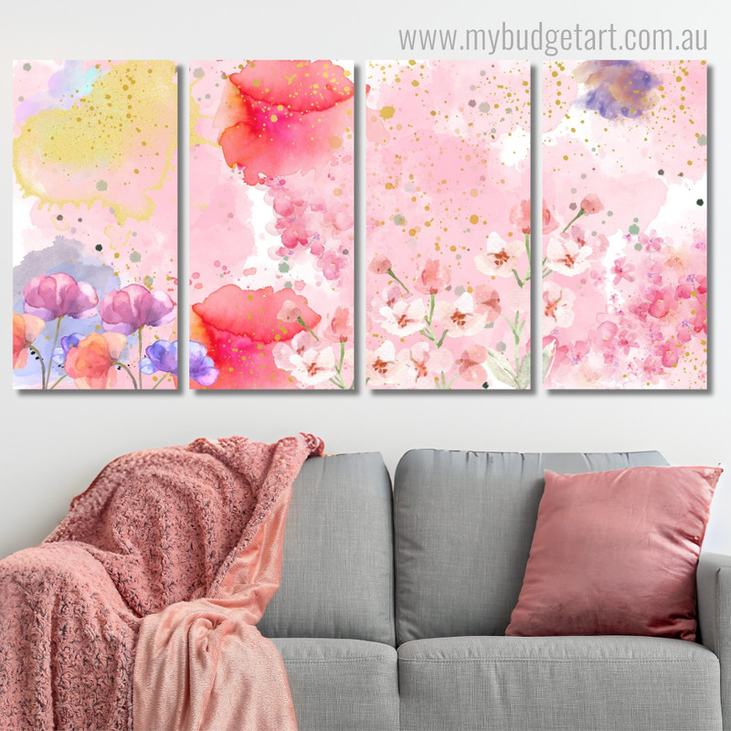 Pink Watercolor Splatter Floral Modern Framed Painting Image 4 Piece Framed Wall Art Prints For Room Decor