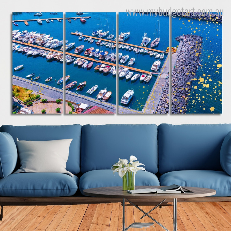 Famous Boats Seascape Coastline Italy Landscape Modern Stretched Painting Pictures 4 Piece Framed Wall Art Prints For Bedroom Wall Décor