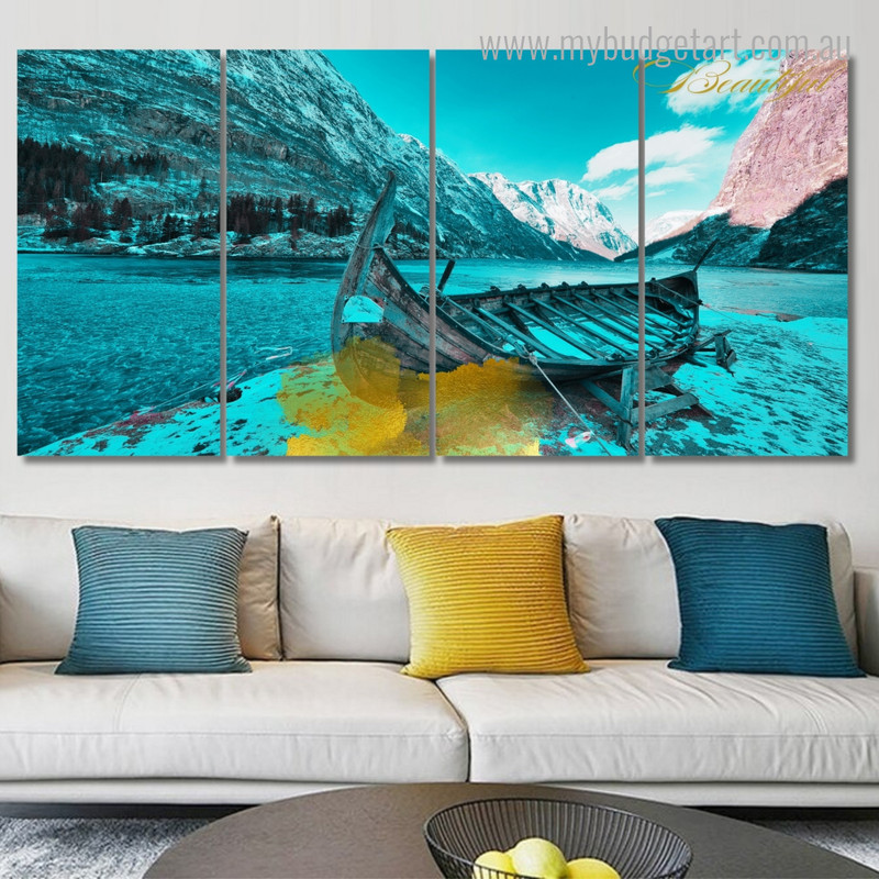 Abandoned Wooden Boat On Winter River Landscape Modern Stretched Painting Pictures 4 Piece Framed Wall Art Canvas Prints Set For Living Room