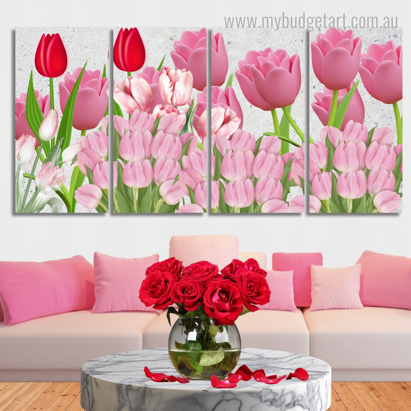 Tulip Flower Illustration Floral Modern Framed Painting Photograph 4 Piece Framed Wall Art Canvas Prints Set For Bedroom Wall Décor