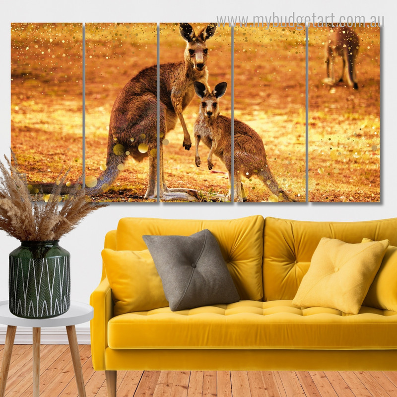 Kangaroo Australia Animal Modern Stretched Painting Pictures 5 Piece Framed Canvas Wall Art Prints Set For Home Decor