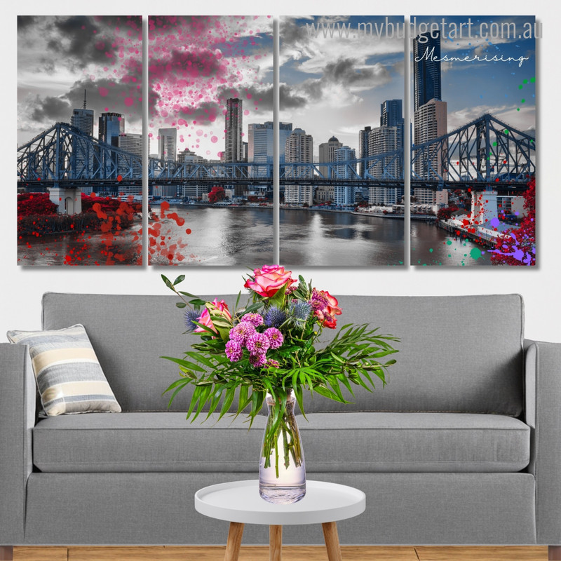 Brisbane's Story Bridge Australia Cityscape Modern Framed Painting Pictures 4 Piece Wall Art Framed Canvas Prints Set For Living Room