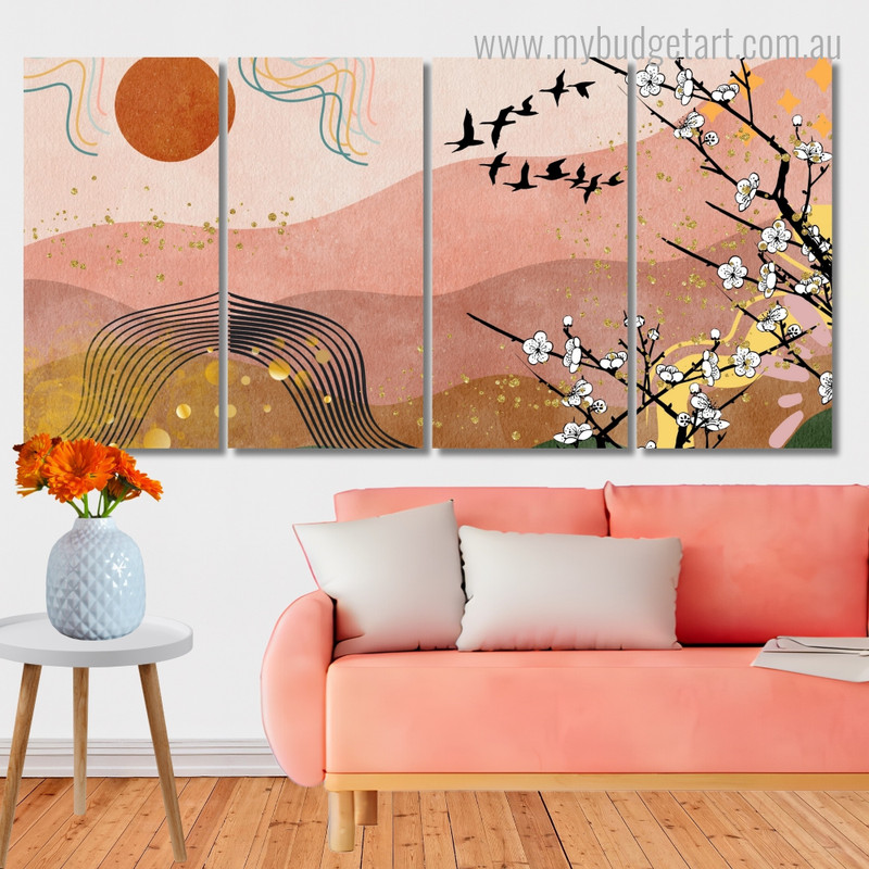 Abstract Mountain Watercolor Landscape Modern Stretched Painting Photo 4 Piece Framed Wall Art Prints For Office Décor