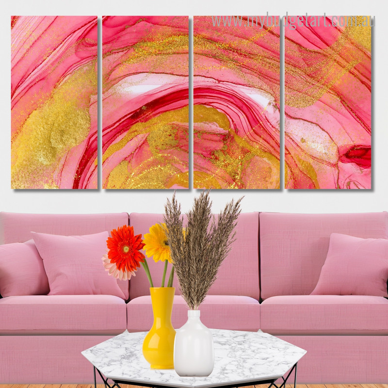Golden Wave Abstract Modern Stretched Wall Art Image 4 Piece Wall Art Framed Canvas Prints Set For Room Decor