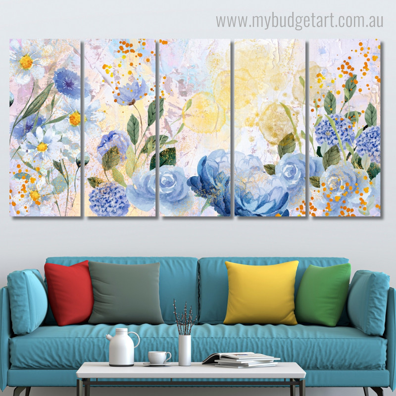 Gold Watercolor Glitter Flowers Floral Modern Stretched Painting Image 5 Piece Canvas Print Australia For Home Decor