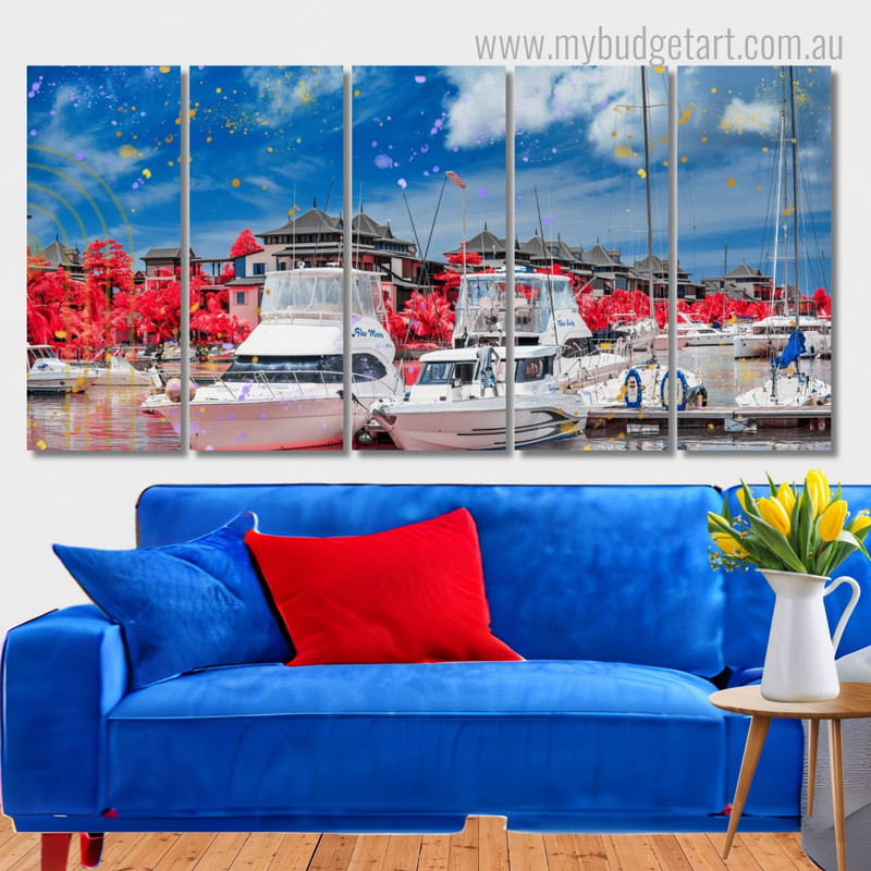 Motor Boats Anchored In The Harbor Island Architecture Modern Stretched Painting Photograph 5 Piece Canvas Wall Art Set Australia For Room Decor