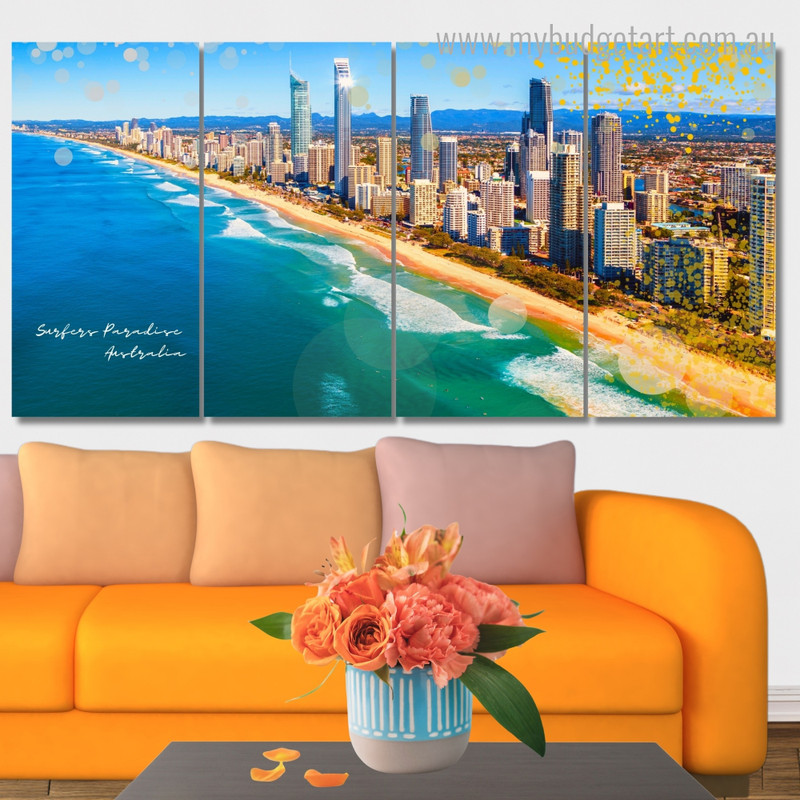 Surfers Paradise Australia Cityscape Modern Stretched Painting Image 4 Piece Framed Wall Art Prints For Office Décor