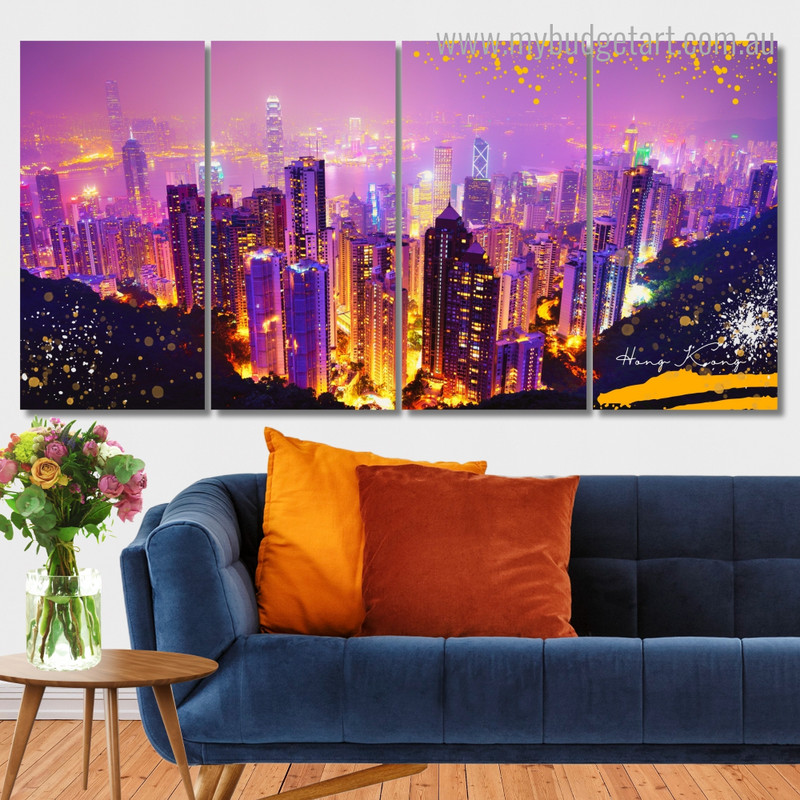 Hong Kong China Cityscape Modern Stretched Painting Pictures 4 Piece Framed Wall Art Canvas Prints Set For Room Decor