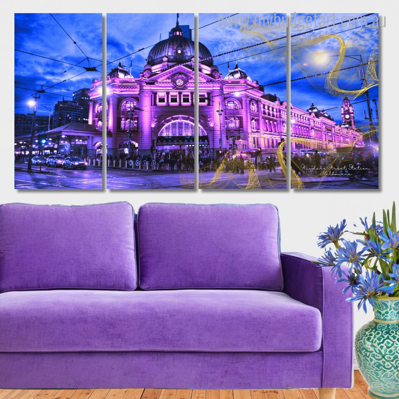 Melbourne Flinders Street Train Station In Australia Cityscape Modern Stretched Painting Photo 4 Piece Framed Wall Art Canvas Prints Set For Room Decor