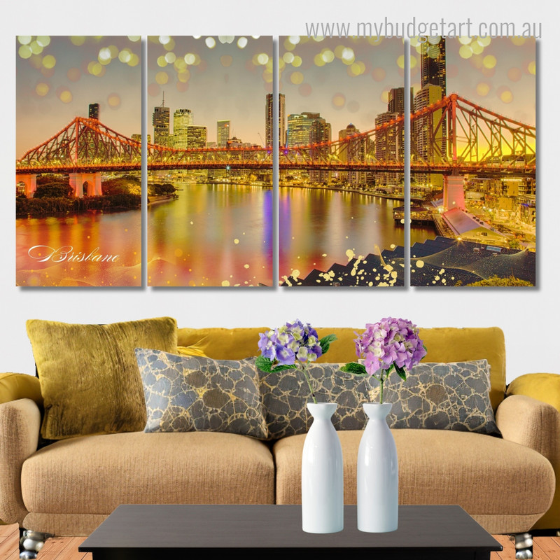 Brisbane Skyline With Story Bridge Australia Cityscape Modern Framed Painting Photograph 4 Piece Wall Art Framed Canvas Prints Set For Home Decor
