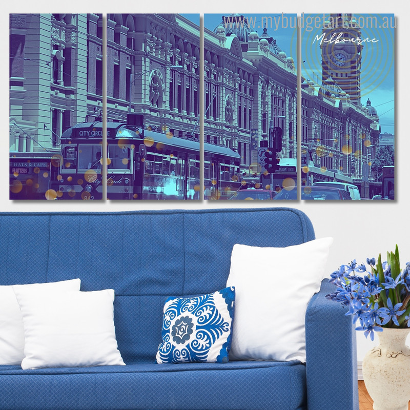 Flinders Street Train Station Melbourne Australia Cityscape Modern Stretched Painting Photo 4 Piece Framed Wall Art Prints For Home Décor