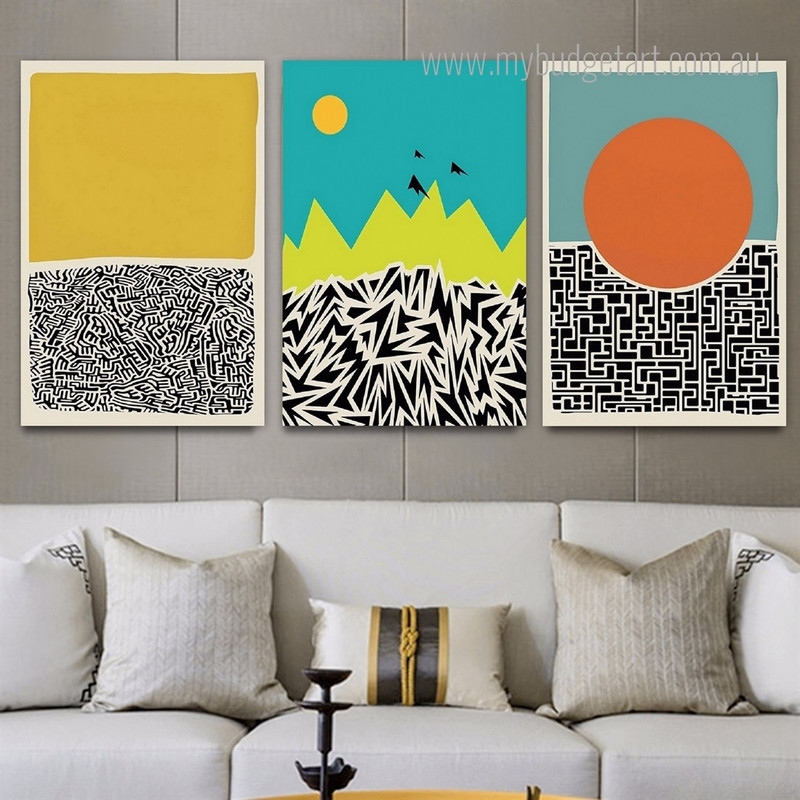 Zigzag Lines Abstract Modern Framed Stretched Painting Picture 3 Piece Canvas Wall Art Prints For Room Getup