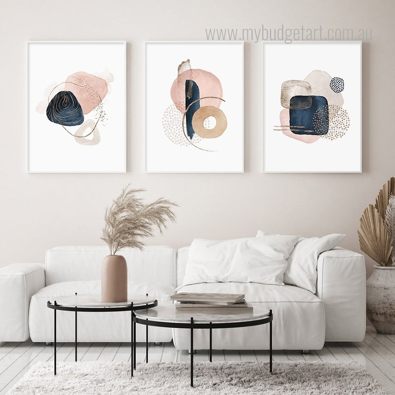 Geometric Shapes Boho Abstract Framed Stretched Artwork 3 Piece Multi Panel Canvas Prints for Room Wall Garnish