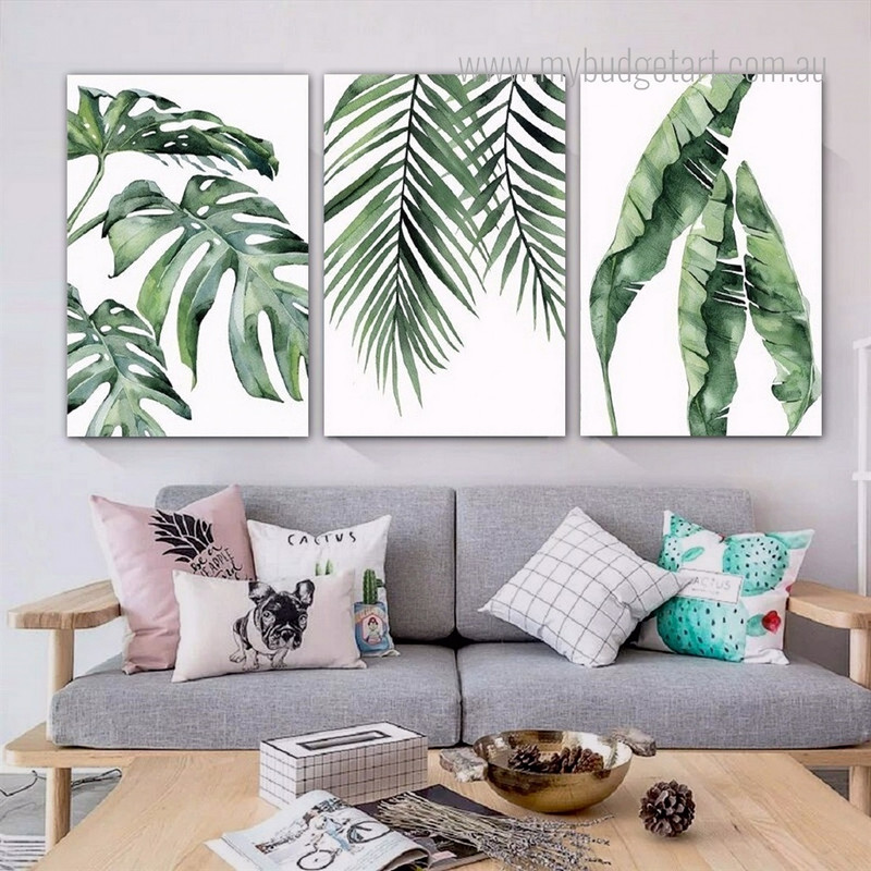 Tropical Leaves Botanical Watercolor Scandinavian Style Framed Stretched Artwork 3 Piece Multi Panel Canvas Prints for Room Wall Garnish