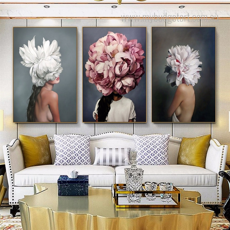 Elegant Women Floral Figure Fashion Style Modern Framed Stretched Artwork 3 Piece Wall Art for Room Wall Decoration