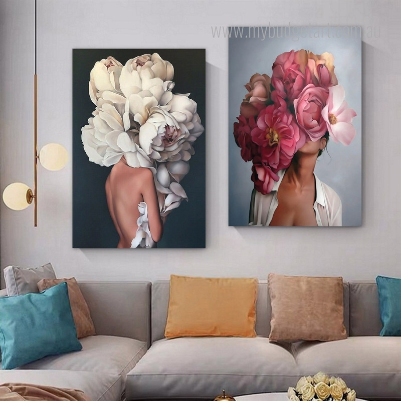 Floral Girls Figure Fashion Style Modern Framed Stretched Artwork 2 Panel Canvas Prints for Room Wall Spruce