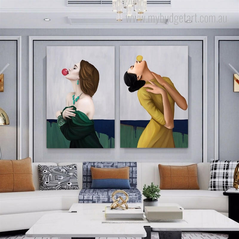 Young Girls Figure Fashion Modern Stretched Framed Painting Picture 2 Piece Canvas Wall Art Prints For Room Decor