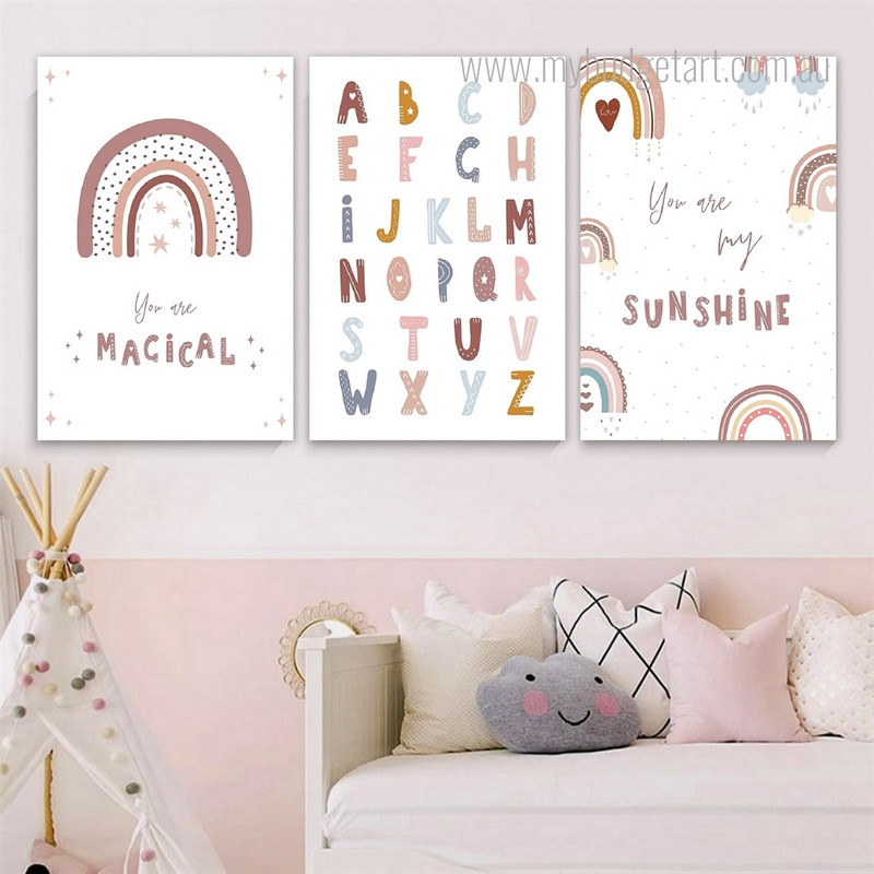 Rainbow Nursery Kids Modern Stretched Framed Artwork 3 Piece Wall Art for Room Wall Ornament