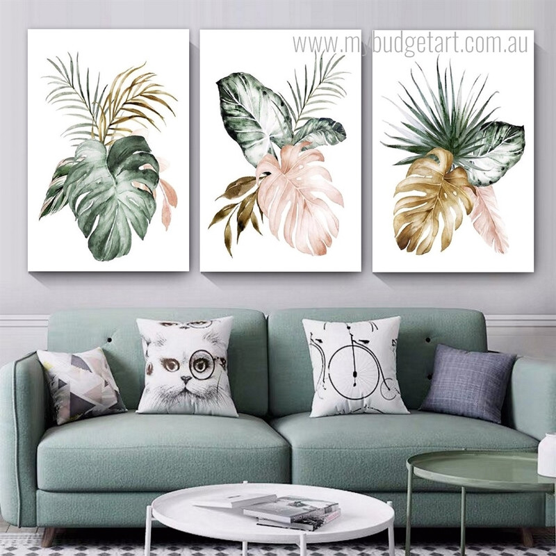 Monstera Leaflets Botanical Abstract Watercolor Stretched Framed Artwork 3 Piece Canvas Prints for Room Wall Adorn