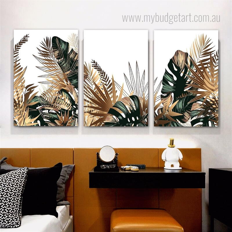 Tropical Golden Leafage Modern Abstract 3 Multi Panel Botanical Artwork Set Picture Canvas Print for Wall Hanging Assortment