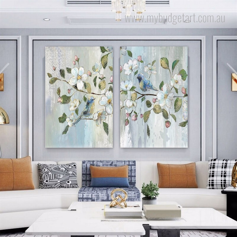 Floral Branches Vintage Bird Poster Stretched Framed Artwork 2 Piece Canvas Art for Room Wall Adornment