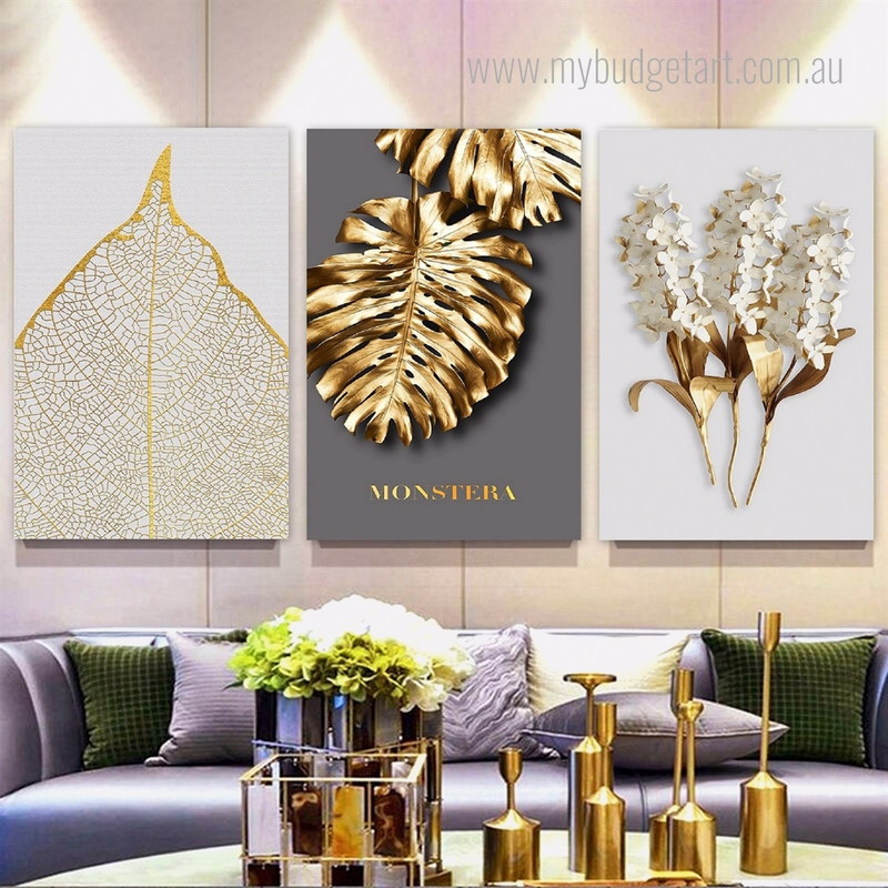 Golden Monstera Leafage Modern Minimalist Photograph Botanical 3 Piece Set Canvas Print Art for Room Flourish