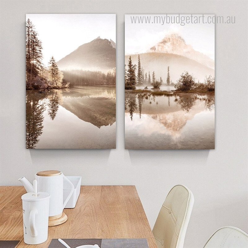 Mount Aqua Reflex Trees Landscape Nature Photograph Scandinavian 2 Piece Set Canvas Print for Room Wall Art Outfit