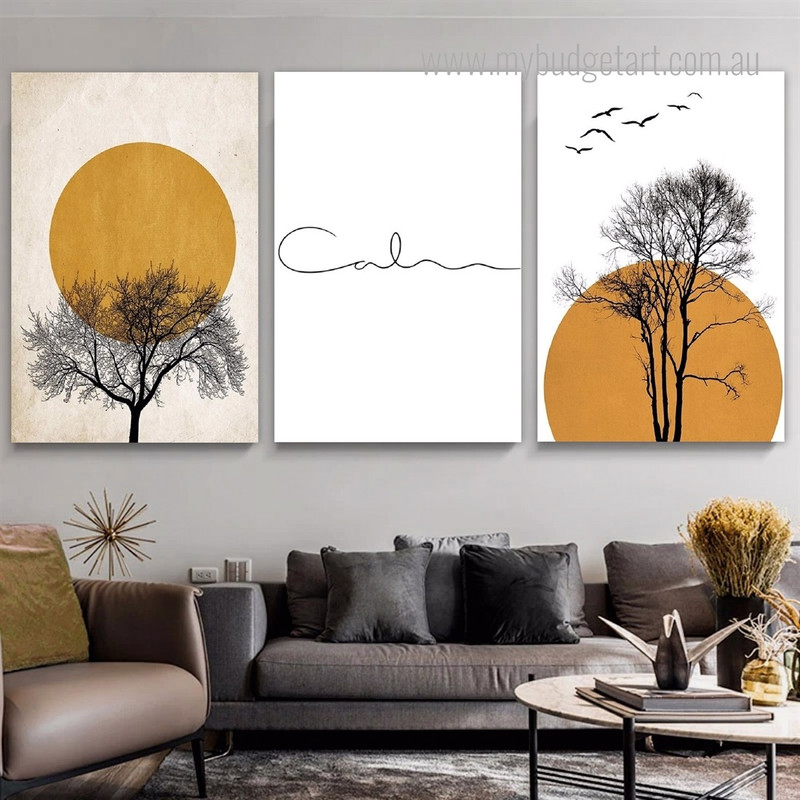 Sun Silhouette Minimalist Abstract Stretched Framed Artwork 3 Panel Wall Art for Room Wall Spruce