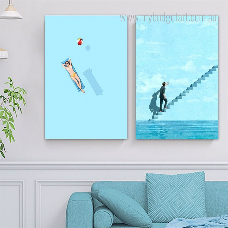 Dream Stairs Human Abstract Nordic 2 Piece Landscape Painting Pic Canvas Print for Room Wall Flourish