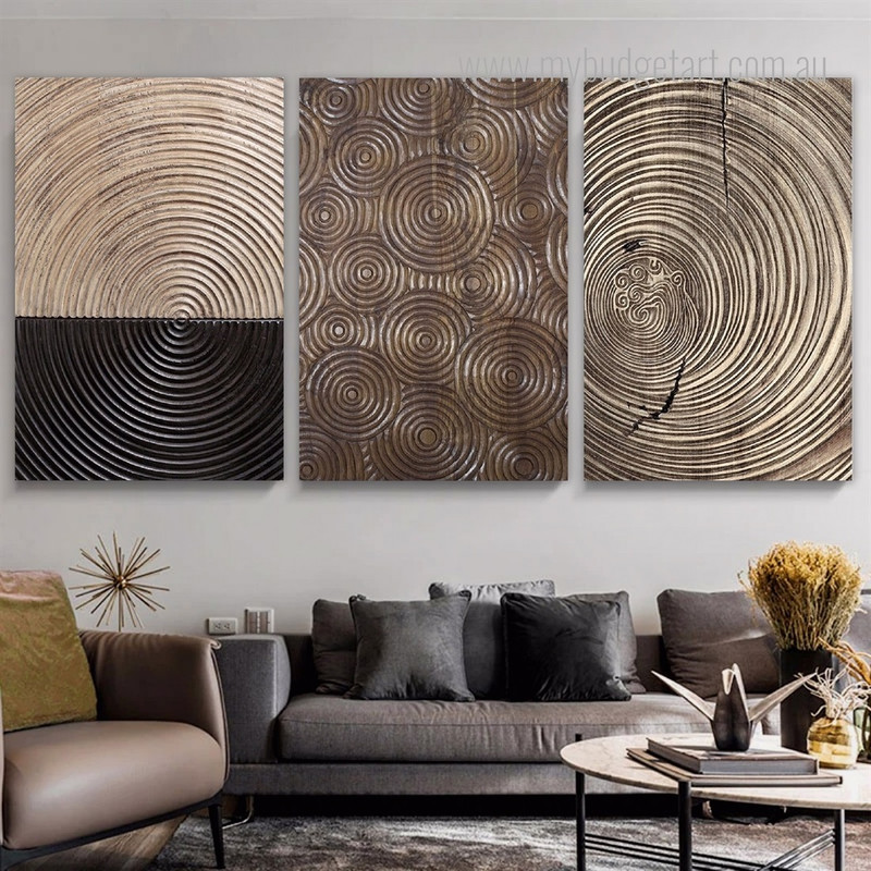 Circular Line Texture Abstract Modern Stretched Framed Artwork 3 Panel Wall Art for Room Wall Garnish
