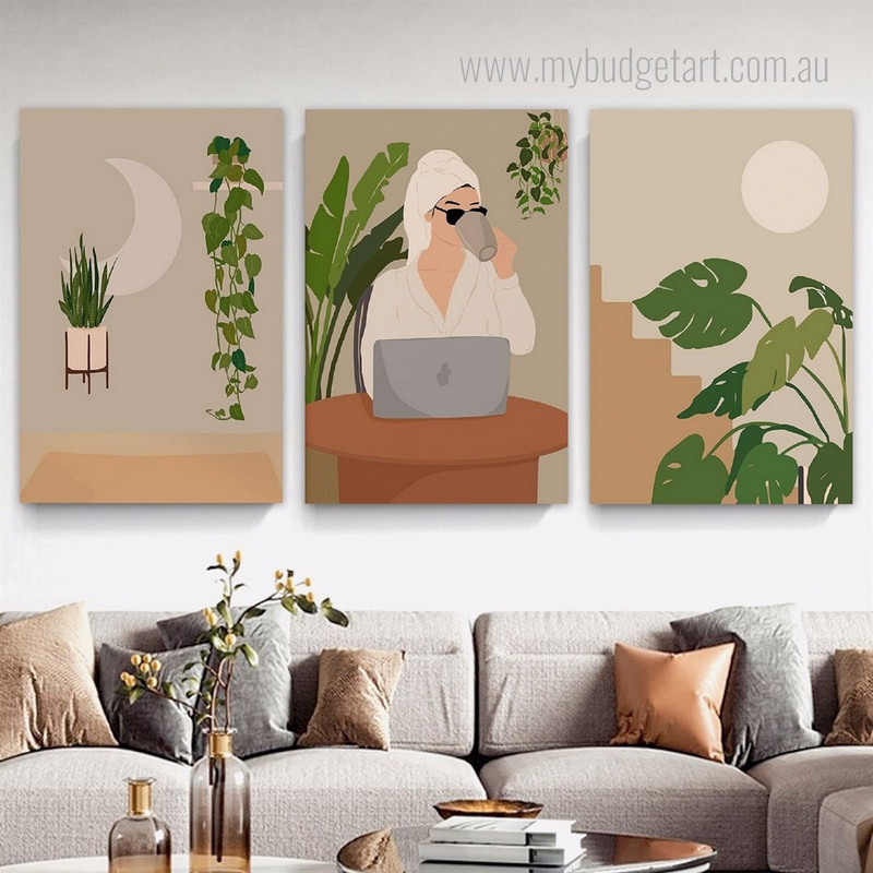 Boss Girl Abstract Figure Botanical Leaves Minimalist Stretched Framed Artwork 3 Piece Sets for Room Wall Adorn