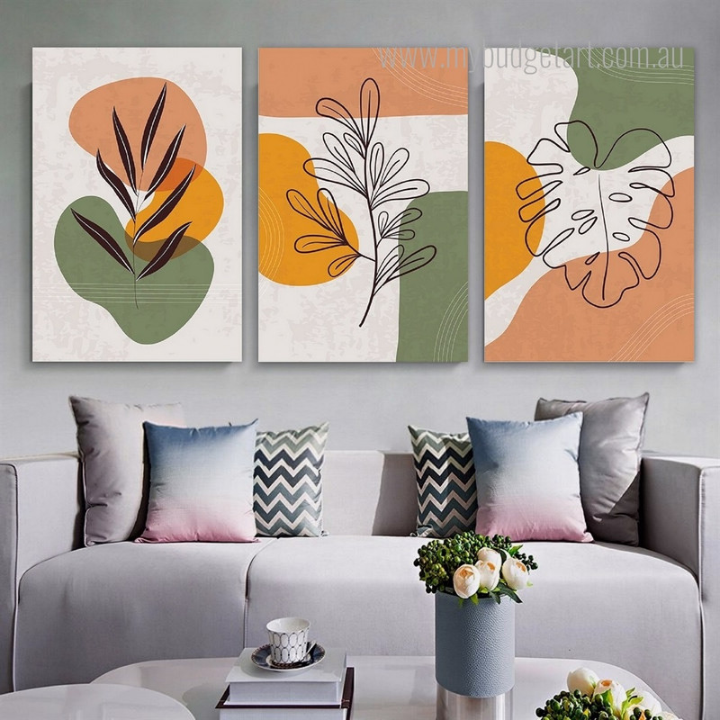 Calico Attaint Leaves Minimalist Abstract 3 Piece Set Scandinavian Canvas Print Photograph for Room Wall Art Outfit