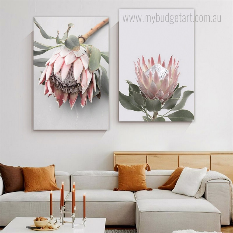 Protea King Flowers Botanical Modern Floral Art Prints Stretched Framed Artwork 2 Piece Canvas Art for Room Wall Ornament