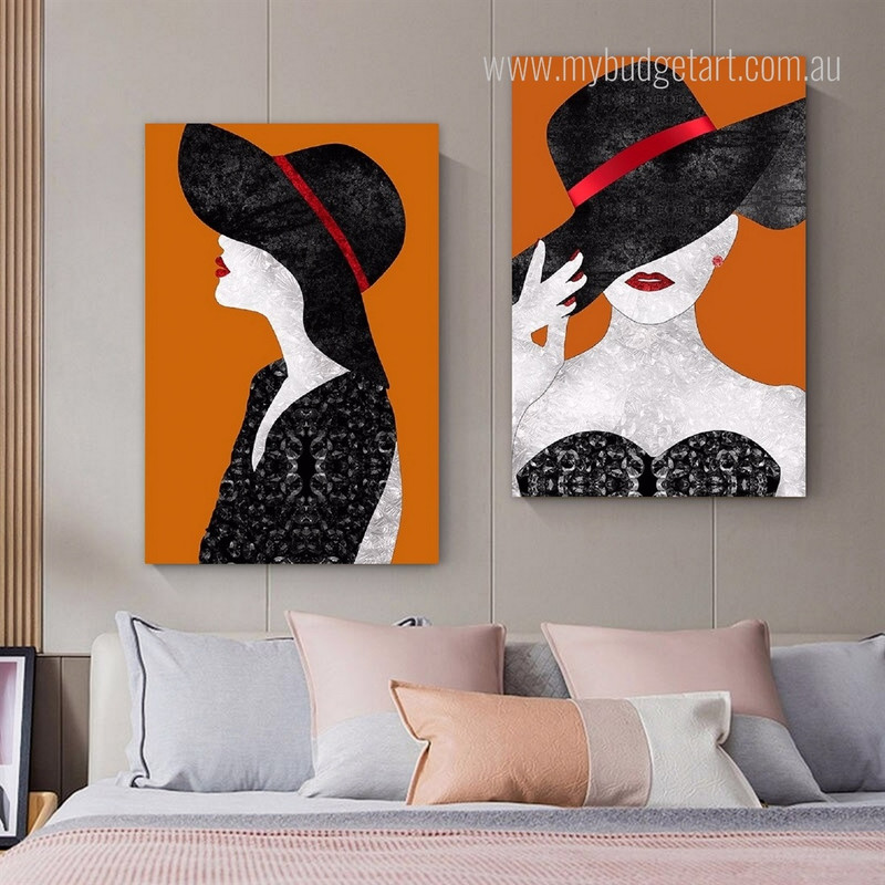 Stylish Dame Dress Modern Figure Photograph Fashion 2 Panel Canvas Print Artwork Set for Room Wall Illumination