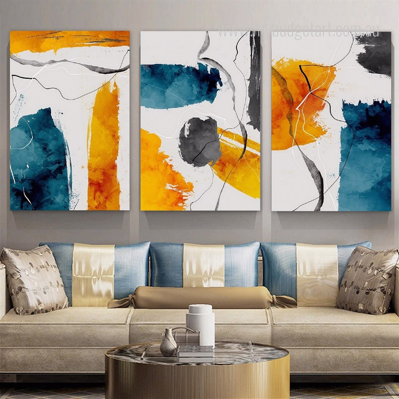 Colourful Daubs Lines Nordic Photograph Abstract Vintage 3 Piece Set Canvas Print for Room Wall Art Embellishment