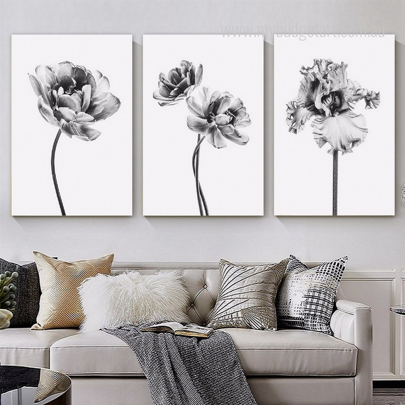 Peony Florets Floral Modern 3 Multi Panel Minimalist Painting Set Photograph Canvas Print for Room Wall Drape