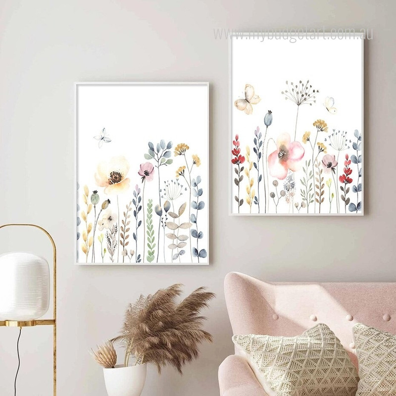 Chromatic Blooms Butterfly Watercolor Set Picture 2 Multi Piece Scandinavian Floral Canvas Print Art Set for Room Wall Molding Chromatic Blooms Butterfly Watercolor Set Picture 2 Multi Piece Scandinavian Floral Canvas Print Art Set for Room Wall Molding