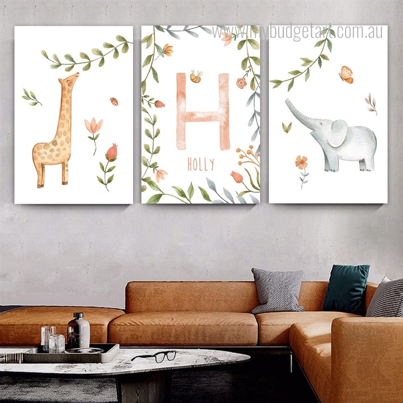 Giraffe Cartoon Flowers Floral 3 Panel Animal Set Artwork Photograph Nursery Print on Canvas Room Wall Tracery